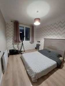 um quarto com uma cama e uma câmara em Appartement T3 avec balcon, centre 15’ à pied em Aix-en-Provence