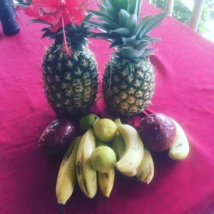 una pila de fruta sentada en una mesa roja en VISTA CARIBE en Portobelo