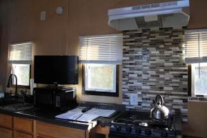 a kitchen with a counter with a stove and a microwave at Adirondack Country Living Tiny House Village in Canton