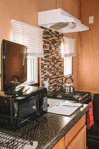 a kitchen counter with a microwave and a stove at Adirondack Country Living Tiny House Village in Canton