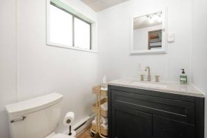 uma casa de banho com um WC, um lavatório e um espelho. em R & R Chalet at Mt. Rainier em Ashford