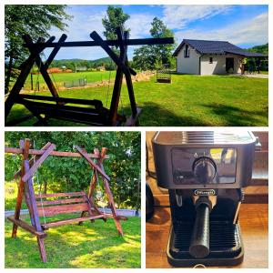 two pictures of a coffee machine and a bench at Ostoja Pod Gaikiem in Staniszów