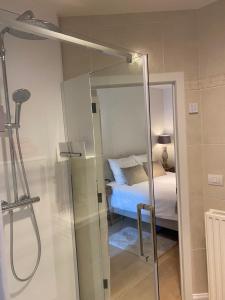 a shower with a glass door in a bedroom at Miranius Rey in Lede