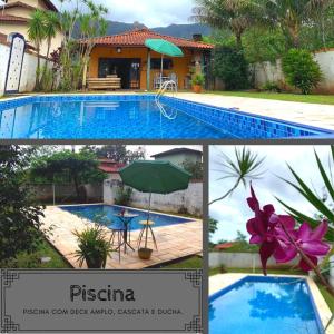 uma colagem de fotos de uma piscina e uma casa em Morada dos pássaros Boracéia em Bertioga