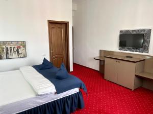 a bedroom with a bed and a desk and a television at ARMONIA in Filiaşi