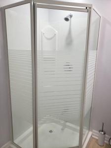 a shower with a glass door in a bathroom at Luxurious 1BR - 1BA Apt Modern Bright with free parking in Brampton