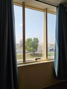 une fenêtre avec vue sur un arbre dans l'établissement Oasis Hostel, à Abu Dhabi