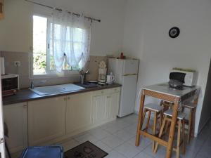 een keuken met een wastafel, een koelkast en een tafel bij VILLA CREOLE in Gourbeyre