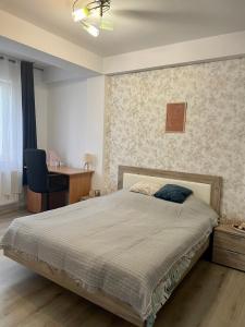 1 dormitorio con cama, escritorio y silla en Dream Sury Apartment - metrou Leonida, spital Obregia, en Bucarest