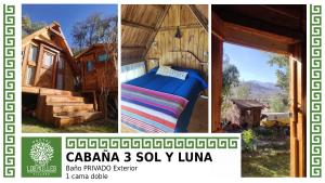 a collage of three pictures of a cabin at Casamolle Hostel in Tilcara
