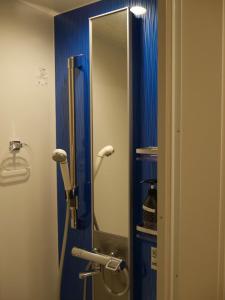 La salle de bains est pourvue d'une douche et d'un miroir. dans l'établissement 幸町HOUSE, à Tokyo