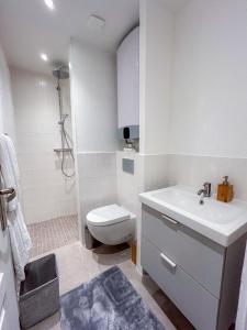 uma casa de banho branca com um WC e um lavatório em Appartement cosy Paris métro 9 pour 10 em Montreuil