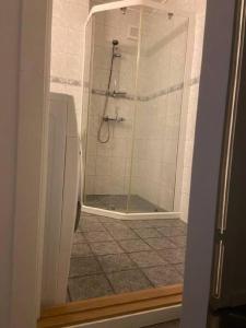 a bathroom with a shower with a refrigerator at Topview in Hammerfest