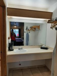 La salle de bains est pourvue d'un lavabo et d'un miroir. dans l'établissement Centralia Inn, à Centralia