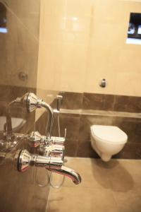 Hotel Garuda Executive Latur في Lātūr: حمام مع حوض ومرحاض