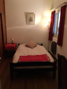 een slaapkamer met een bed met een rode deken erop bij Quaint, cozy apart in best location in Montevideo
