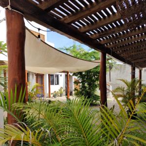 Blue Mahahual في ماهاهوال: فناء به شمسية ونباتات أمام منزل