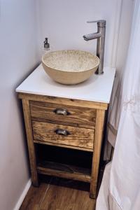 eine Badezimmertheke mit Waschbecken auf einem Waschtisch in der Unterkunft Lodge Sol De Cáhuil in Pichilemu