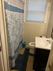 a bathroom with a shower curtain and a toilet at Home Sweet Home in Columbia