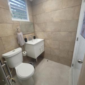 een badkamer met een wit toilet en een wastafel bij Always Summer Inn Bay Front in Culebra