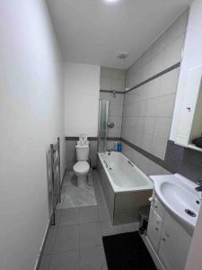 a white bathroom with a toilet and a sink at 2 bed garden flat West Dulwich FREE STREET PARKING in London