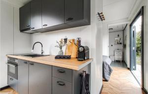 uma cozinha com armários cinzentos e uma bancada em Lovely Home In Heinkenszand With Kitchen em heinkenszand