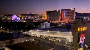 a view of a city skyline at night at Westgate Las Vegas Resort & Casino located in the heart of Las Vegas Nevada 5Minutes Walk to Las Vegas Convention Center in Las Vegas