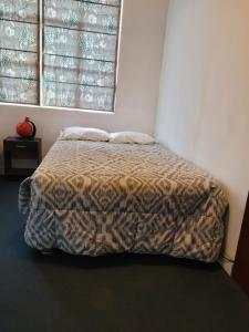 a bedroom with a bed with a blanket and a window at MAGICPERU PET FRiENDLY in Trujillo