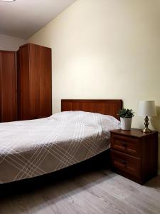 Un dormitorio con una cama y un tocador con una planta. en Central Oak Park Apartment, en Bishkek