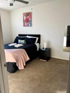um quarto com uma cama com almofadas azuis em Modern comfort at The Domain Austin ,Texas em Austin