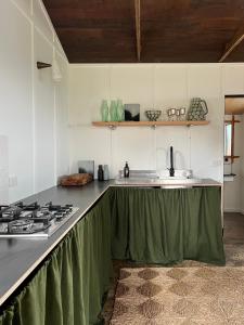 a kitchen with a stove and a green counter top at Log Box Red Hill in Red Hill South