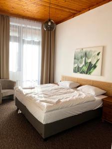 sypialnia z łóżkiem i dużym oknem w obiekcie Pension Mona w mieście Harrachov