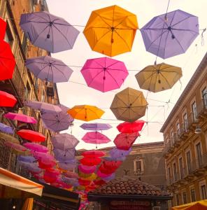 Un mucchio di ombrelli appesi su una strada di Fikus APT relax Castello Ursino a Catania