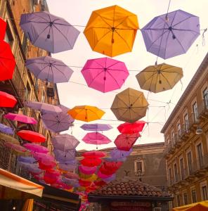 a bunch of umbrellas hanging over a street at Fikus APT relax Castello Ursino in Catania