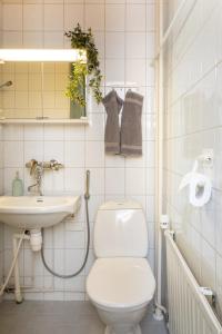 een witte badkamer met een toilet en een wastafel bij Rovaniemi, cozy studio near the city center in Rovaniemi