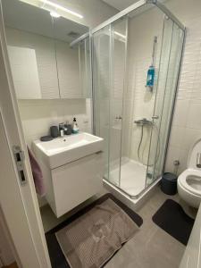 ein Bad mit einer Dusche, einem Waschbecken und einem WC in der Unterkunft 3+1Apartment, City View in Basaksehir