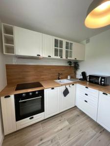 een keuken met witte kasten, een wastafel en een fornuis bij Appartement proche Stade/Eurexpo in Décines-Charpieu