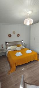 Apartamento Beretaberri في Narvarte: غرفة نوم بسرير كبير مع بطانية صفراء