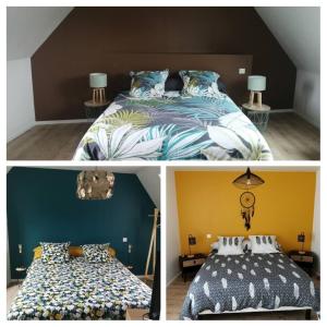drie verschillende foto's van een slaapkamer met een bed bij Gite entre Paimpol et Erquy. Proche palais des congrès in Ploufragan