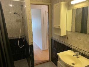 een badkamer met een wastafel en een douche bij Cosy apartment in city centre in Bergen