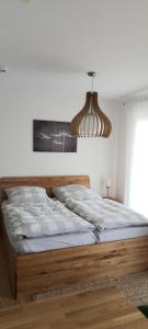 ein Schlafzimmer mit einem Bett und einem Kronleuchter in der Unterkunft Wunderschöne Ferienwohnung direkt an der Elbe, Alt-und Neustadtnähe in Dresden