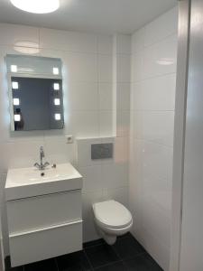 ein weißes Bad mit einem WC und einem Waschbecken in der Unterkunft Zelfstandig appartement - 10 minuten tot Amsterdam in Ilpendam
