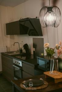 uma cozinha com um balcão preto e um lavatório em Spa Niagara privé avec jacuzzi em Herstal