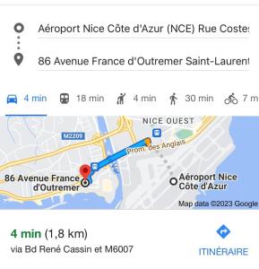 Capture d'écran d'une carte Google de l'entrée approximative d'un café nièce de l'aéroport dans l'établissement STUDIO CLIMATISE Le Flot Bleu proche Plages, aéroport, Centre formations, Cap 3000, CERFPA, à Saint-Laurent-du-Var