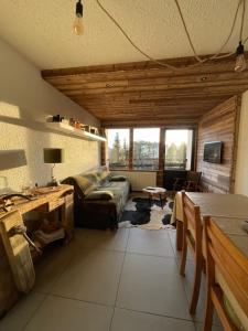 un salon avec un canapé et une table dans l'établissement Le repère de Bianca, le premier de cordée, à Montgenèvre