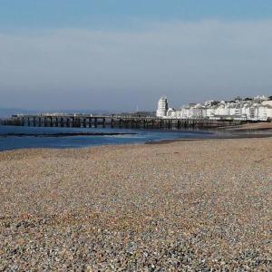 a rocky beach with a pier in the background at Seaside 2 bed terraced house with garden and free parking in Hastings