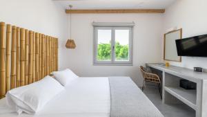 a bedroom with a bed and a desk and a television at Agia Kyriaki Studios in Agia Kiriaki Beach