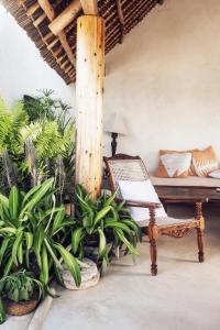 Habitación con cama, silla y algunas plantas en Jua House en Lamu