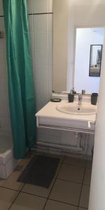 ein Bad mit einem Waschbecken und einem Spiegel in der Unterkunft Studio équipé Clim TV Wifi in Saint-Denis