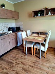 a kitchen with a table and chairs in a kitchen at Angyal Apartman Gyula in Gyula